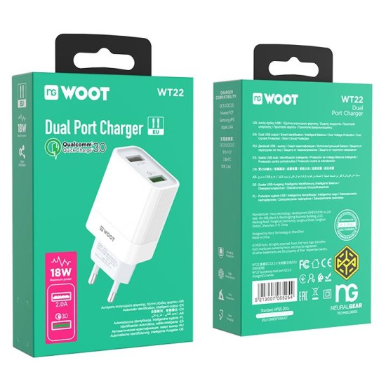 NG WOOT WT22 USB CHARGER QC3.0 18W, 2 ΘΥΡΕΣ