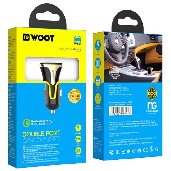 NG WOOT WT61 CAR CHARGER QC3.0 18W, 2 ΘΥΡΕΣ